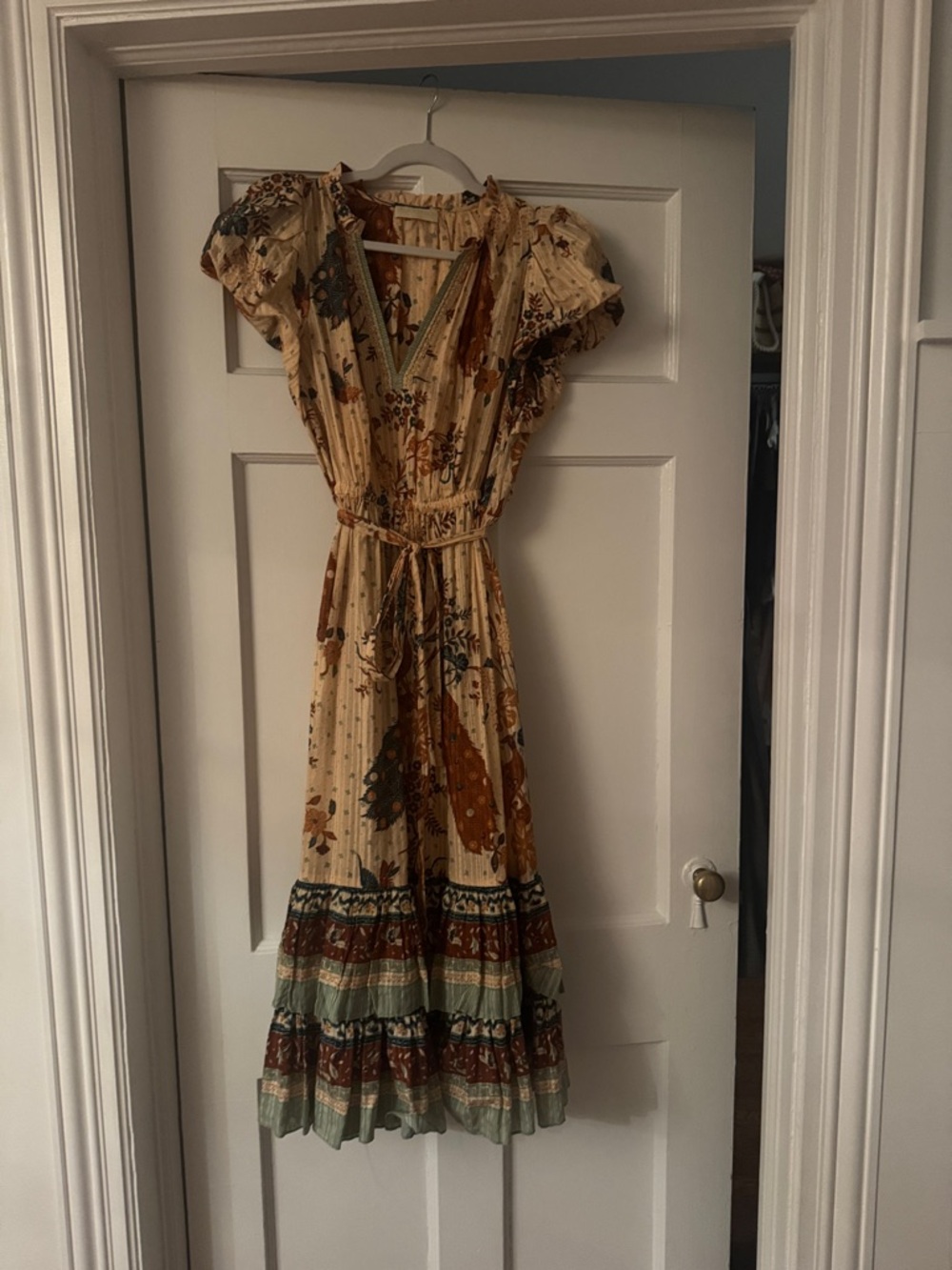 Ulla Johnson Cream Floral Tiered Maxi Dress with Sage and Rust Accents